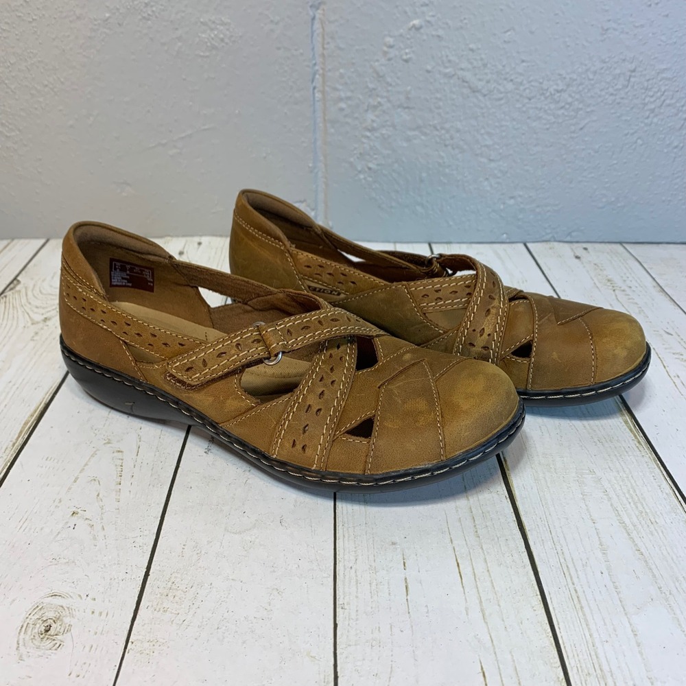 New Clarks Collection Ashland Spin Q Dark Tan Leather Loafers Women 7 Mary Jane